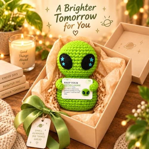 Positive Emotional Support Crochet with Base Birthday Gifts for Women Men Self Teacher Adult Kids Son Mom Dad Daughter Sister Friend Coworkers Inspirational Gift, Alien view 2