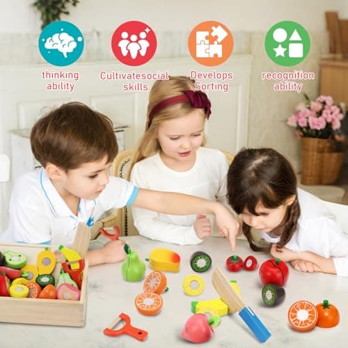 Wooden Play Food Set for Toddlers Toys Pretend Play Kitchen Accessories Fruit Cutting Set for Kids Gift for Boys Girls Montessori Educational Toys view 6