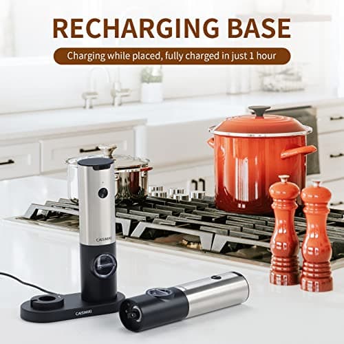 CAISIMIKI Electric Salt and Pepper Grinder Set Rechargeable Automatic Pepper Mill Grinder Stainless Steel Kitchen Gadgets Adjustable Coarseness Shakers, One Hand Operation, 2 Pack view 2