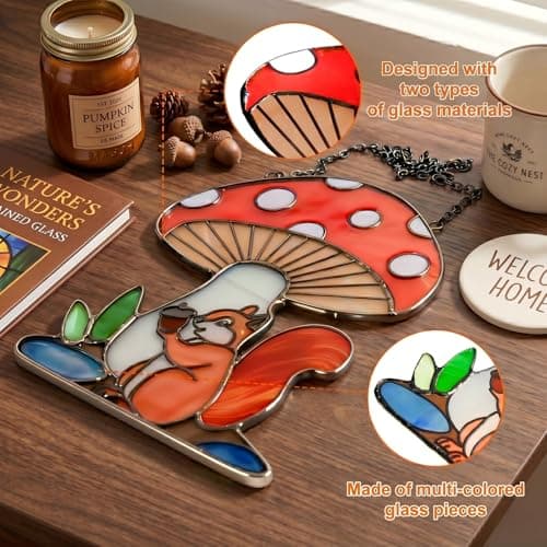 Squirrel Mushroom Stained Glass Suncatcher for Window Hanging Ornaments Animals Theme Glass Art Sun Catcher Home Decor Handmade Funny Mushroom Squirrel Gifts for Squirrel Lovers view 4