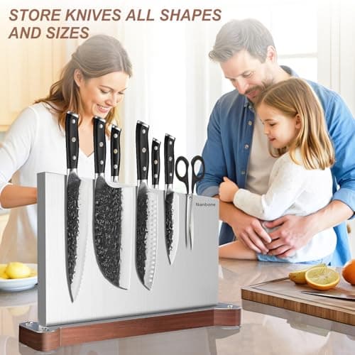 Nanbone Magnetic Knife Block Without Knives Large Double Side Magnetic Knife Holder Stand with Strong Magnet, Stainless Steel Knife Storage Organizer for Kitchen Counter Knife Rack Three Magnet Strip view 2