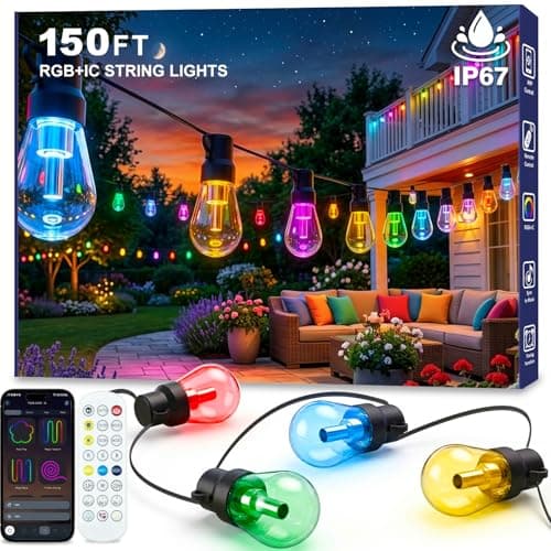 Beizelte Outdoor String Lights, 150FT RGB+IC Outside Light Dimmable Shatterproof LED Bulbs, IP67 Waterproof Chasing Effect Lighting DreamColor Patio Strip Lights for Backyard, Balcony, Outdoor Living view 1