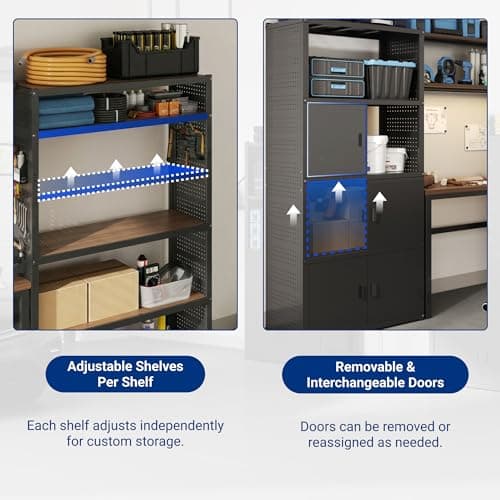 FLEXIMOUNTS Garage Storage Cabinet System, 3-in-1 Modular Metal Tool Cabinet w/ Workbench and Particle Board Shelf Includes Pegboard, 24-Gauge Steel, 129"(L) w/ 2 Doors, Black, FLEXIMOD Series view 6