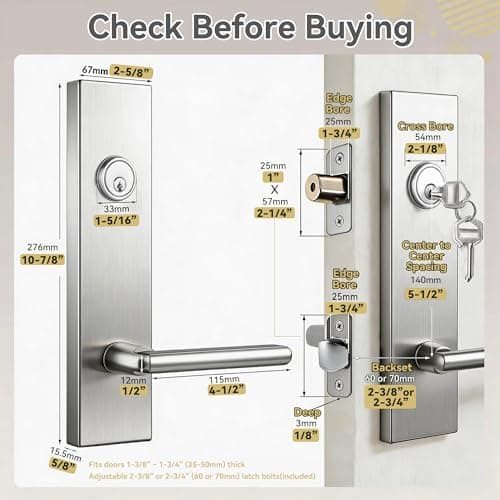 Silmium Heavy Duty Front Door Lock Set, Modern Exterior Door Handle, Non-Handed Entry Door Locksets with Deadbolt, Keyed Alike, Single Cylinder, 250,000+ Cycles, 5-1/2" (140mm) CTC, Satin Nickel view 2