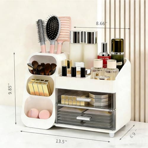 Makeup Organizer Countertop, Spacious Cosmetic Display Case with Makeup Brush Holder, Perfect Vanity Bathroom Organizer and Storage, White view 3