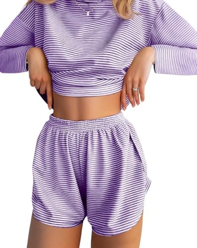 JUSTFASHIONNOW Womens Pajama Sets Striped Two Piece Lounge Sets Long Sleeve Top and Split Shorts Print Sleepwear Comfy Pjs — image 1