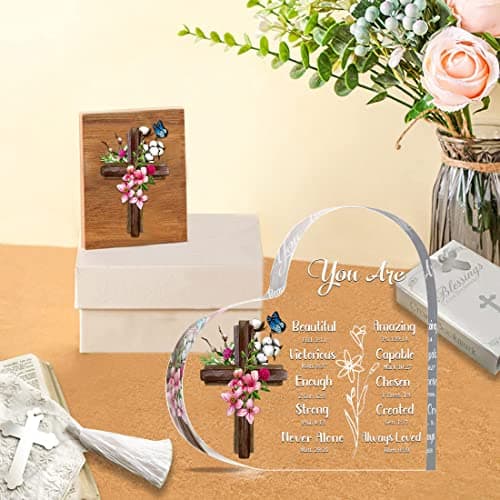JUNQIU Christian Gifts for Women, Inspirational Gifts for Women Religious, Bible Verse and Encouragement Spiritual Gifts, Gifts for Woman, Mom, Friend, Sister-Acrylic Hearts Plaques view 2