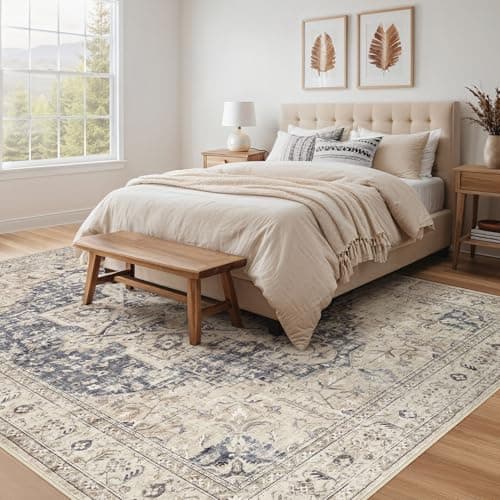 Tortania Area Rug Living Room Rugs - 5x7 Washable Boho Rug Vintage Oriental Distressed Farmhouse Large Thin Indoor Carpet for Living Room Bedroom Under Dining Table Home Office - Cream Blue view 2