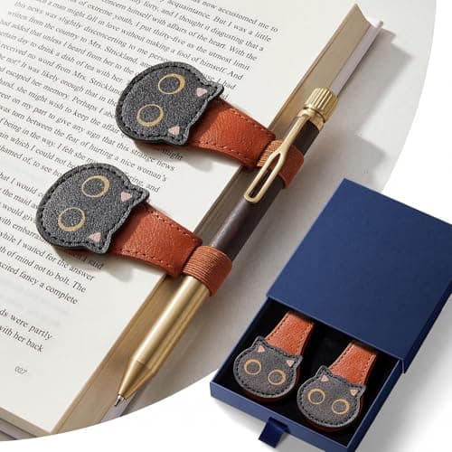 2Pcs Magnetic Bookmarks with Gift Box Magnetic Pen Holder for Notebook Cat Book Marks Clip Gift for Book Lover Readers Cute PU Leather Bookmark for Women, Cat (Brown+Brown) — image 1