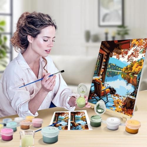 igoodom Framed Paint by Numbers Kit for Adults Beginner, Lake House Easy Paint by Number Kits on Canvas with Easel, DIY Adults' Paint-by-Number Kits for Gift Home Wall Decor 8x12inch view 5