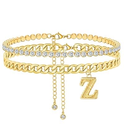 ZNBOH Ankle Bracelets for Women 14K Gold Plated Initial Anklet CZ Chain Ankle Tennis Cuban Link Anklet Adjustable Danity Chain Letter Anklet Summer Jewelry Gifts