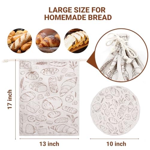 Verigud 2 Pack Large Reusable Linen Bread Bags and 10'' Bowl Covers with Plastic Liners for Bread Storage & Sourdough Proofing view 6