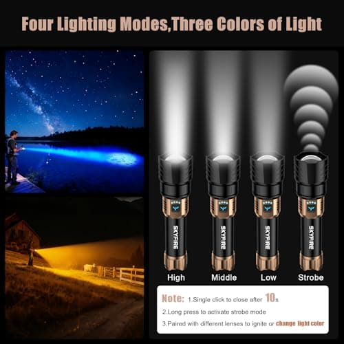 SKYFIRE Rechargeable Flashlights High Lumens with Ignition Lens &3 Colors Light,10000mAh LED Super Bright Flashlight, Zoomable,4Modes,Waterproof Tactical Flash Light for Outdoor,Home &Gift view 4