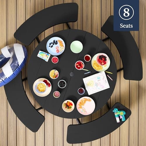 Best Choice Products 8-Person Outdoor Bench Patio Picnic Table, Circular w/ 4 Built-in Benches and Umbrella Hole, 2000lb Capacity - Black view 2