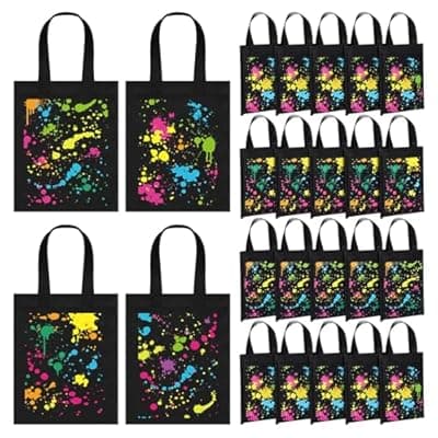 Hosuly 24 Pieces Neon Party Favor Bags Glow Gift Bags Glow in the Dark Candy Pouches Non Woven Graffiti Party Goodie Pouches with Handle for Boy Girl Neon Theme Birthday Supplies Decoration