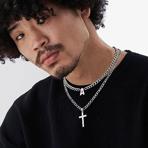 ZNBOH Cross Initial Necklace for Men Stainless Steel Silver Layered Cuban Figaro Link Chain Letter Christian Cross Pendant Initial A-Z Jewelry Gift for Husband Women view 3