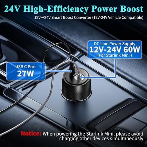 FIRRAX 2 in 1 Starlink Mini Car Adapter 12V to 24V DC Step Up Converter, 6.5FT 20AWG Starlink Mini Cable with Cigarette Lighter Adapter 60W DC + 27W PD Car Power Supply for RVs, Boats, Trucks view 2