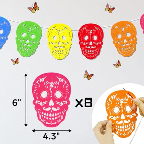 GOAUS Dia de Los Muertos Day of the Dead Ofrenda Altar Decorations 60 pcs | Marigold Flowers x30, Papel Picado x9, Marigold Garland x1, Felt Skulls x8, Monarch Butterflies x12 view 5