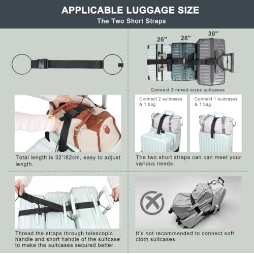 Vigorport Luggage Straps for Suitcases 3 PCS, Adjustable Elastic Tick Rope 2 Short & 1 Long Luggage Belt for Connecting Multiple Suitcases and Bags with Bottle Clip, Add A Bag Luggage Connector Strap view 5