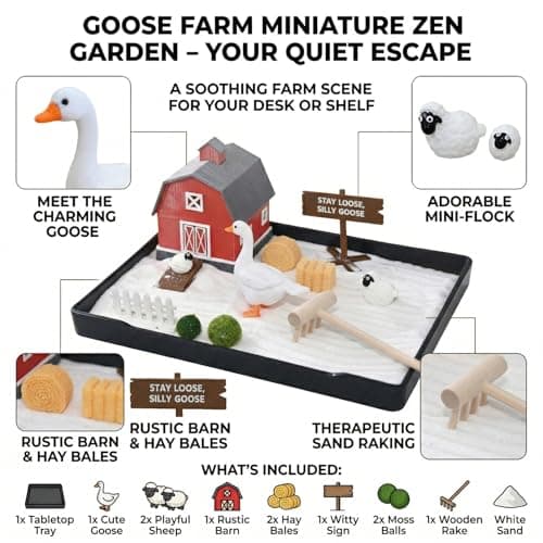 CMLDGIA Zen Garden for Desk Goose Mini Zen Garden Kit Desk Zen Sand Garden Decor with Barn & Interchangeable Signs Stress Relief Office Accessories Gift view 2