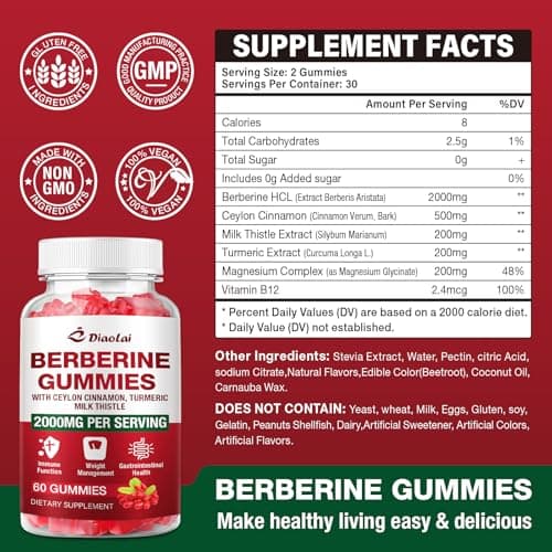 Berberine Gummies 2000mg - Natural Organic Berberine HCL Supplement - Vegan, Non-GMO, Gluten-Free - Delicious Raspberry Flavor - 120 Count view 2