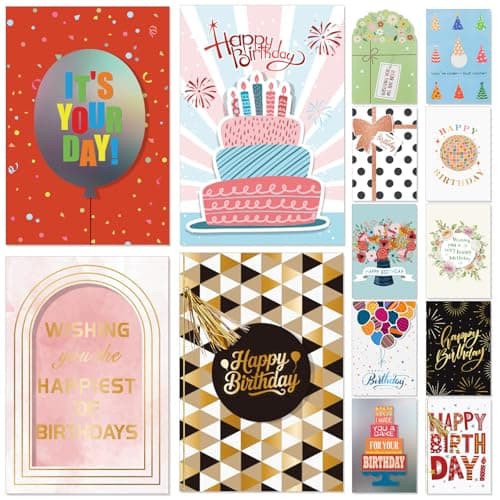 14 Pack 3D Handmade Birthday Cards Bulk with Envelopes, Unique Greeting Cards for Women & Men, 4.7×6.8 Inch, Gold Foil, Glitter, Happy Birthday Cards with Printed Messages – For Friends, Family, Coworkers — image 1