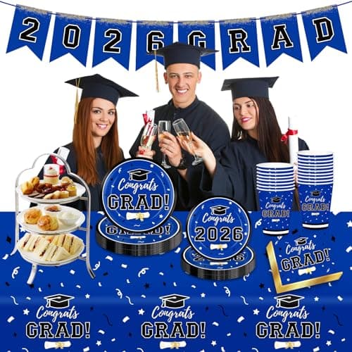 Graduation Decorations 2026 Disposable Blue Graduation Tableware Kit for 25 Guests Plates Napkins Cups Tablecloth Hanging Graduation Party Decorations 2026 view 4