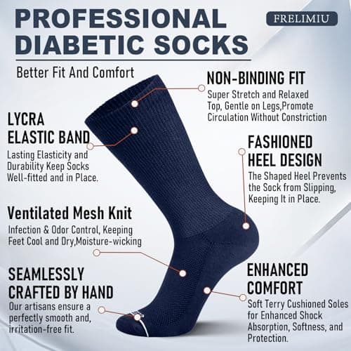 Frelimiu Diabetic Socks for Men, Seamless Crew Socks with Non Binding,Soft Cushioned Sole Sock with Loose Top, Diabetes Sock Men for Neuropathy, lymphedema, Edema, Swollen Feet, 4 Pairs,11-15(XL) view 2
