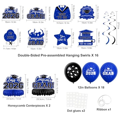 Graduation Decorations 2026 Blue Themed Grad Party Decor Set Backdrop Balloons Banner Honeycomb Centerpiece Hanging Swirl Kit Graduation Party Supplies for College High School Any Grade view 3
