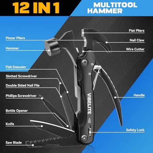 Gifts for Men, 12 in 1 Multitool Hammer for Camping, Hunting, Hiking, Birthday Gifts for Men, Dad, Him, Husband, Boyfriend, Women, Mens Gift from Daughter, Wife, Son, Black view 2