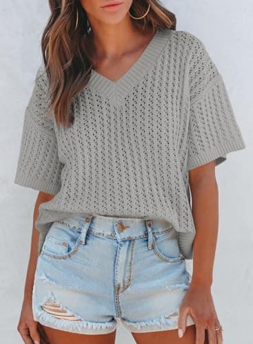 Dokotoo Womens Casual Summer Tops V Neck Short Sleeve Shirts Solid Hollow Out Lightweight Loose Fit Sweater Blouses view 3