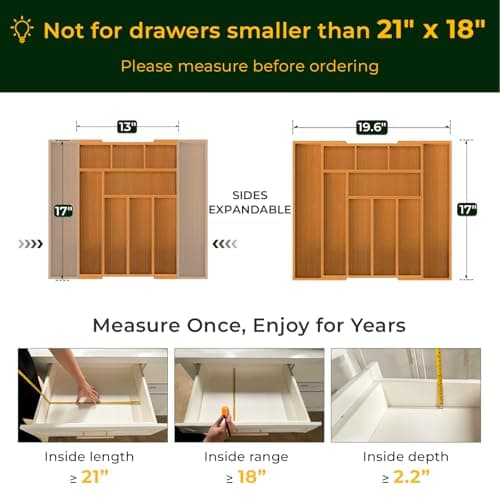 keechee Carbonized Bamboo Kitchen Drawer Organizer, 10 Slots Expandable Silverware Organizer, Utensil Holder & Cutlery Tray, 2.2" Deep for Extra Capacity, Non-Slip Feet Included view 2