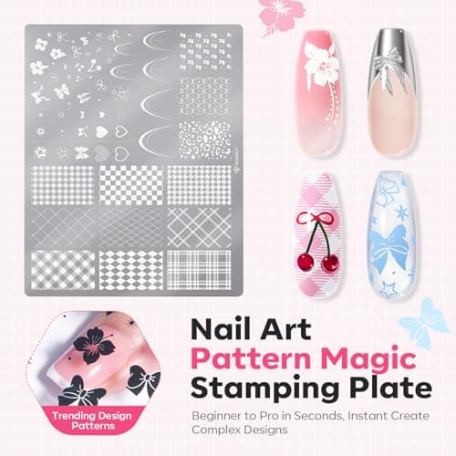 Modelones 16PCS Plaid Nail Stamping Kit – French Tip Stamper White Black Painting Gel Polish Chrome Powder Proof Matte Gel Top Coat Gingham Template Dual Nail Art Brush Spring Manicure Gift for Women view 7