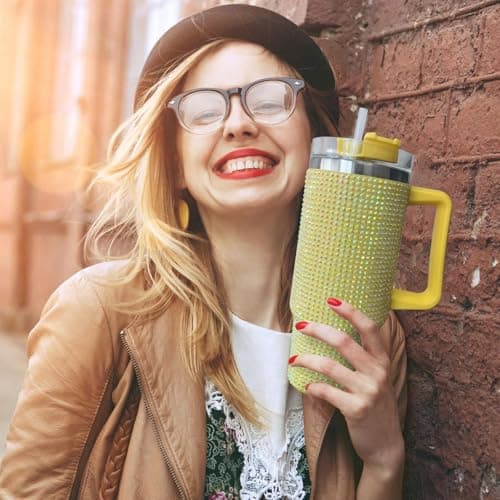 30oz Bling Rhinestone Studded Tumbler with Top Handle, Bling Cups Stainless Steel Water Bottle Diamond Glitter Tumbler for Women - Birthday Gifts for Women, Mom,Get Well Soon Gifts (Pomelo) view 5