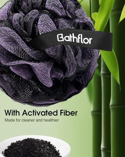 Bathflor Shower Loofah Sponge Exfoliating Body Scrubber 80g, Charcoal Loofa for Women & Men Bath Wash: 1 Long Handle Back Brush Plus 4 Packs Extra Large 80g Soft Luffa Poufs, 1 Lufa Hook (Charcoal) view 3