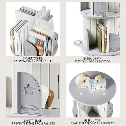 Deer COCO 3-Tier Rotating Bookshelf, 360° Spinning Corner Bookcase with Display Stand - HDPE Plastic Book Storage Organizer for Bedroom, Home Office, Classroom, Living Room view 7
