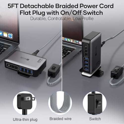 USB C Fast Charger Block 200W, 8 Ports Charging Station for iPhone/Ipad/MacBook, 4C4A GaN Charger Box, Flat Plug Multi Chargers for All Devices 5ft Braided Power Cord with On/Off Switch view 3