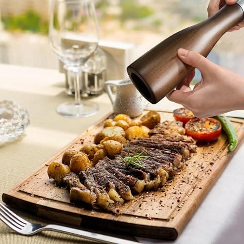 Wooden Salt and Pepper Grinder Set:Premium Beech Wood Manual Mills,9" 5PC with Tray & Spoons,Adjustable Ceramic Core,Refillable,Non-Slip Base-Kitchen Counter Decor view 2