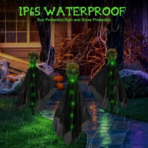 4 Pack Halloween Decorations Outdoor Solar Garden Lights, Solar Creepy Skull Path Lights, IP65 Waterproof 8 Modes Green Halloween Solar Lights Outdoor for Yard, Grave, House, Halloween Party view 4