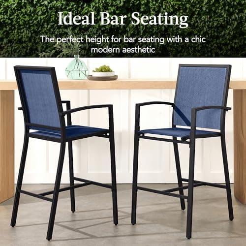 Best Choice Products Outdoor Bar Stools Set of 2, Bar Height, Patio Furniture, All Weather Mesh Design w/Armrest - Black/Navy view 3