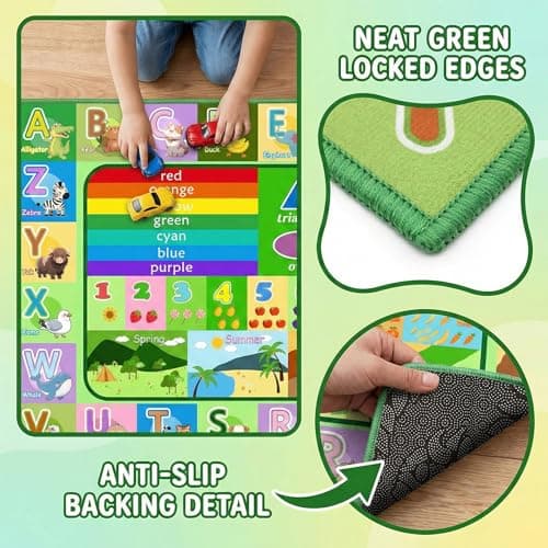 OGPJKEQR Kids Rug for Playroom Bedroom, 2.5x4 Feet Educational ABC Area Rug for Classroom Nursery, Non-Slip Alphabet Learning Carpet with Numbers Animals Seasons Fruits, Green Toddler Floor Mat view 2