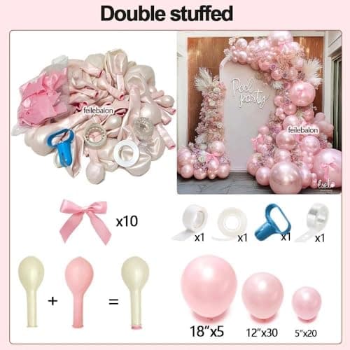 Pearl Pink Balloons Different Sizes Double Stuffed Pastel Baby Pale Pink Pearl Balloon Arch Garland Kit 18/12/5in with Bow for Bridal Wedding Birthday Baby Shower Coquette Party Decorations view 4