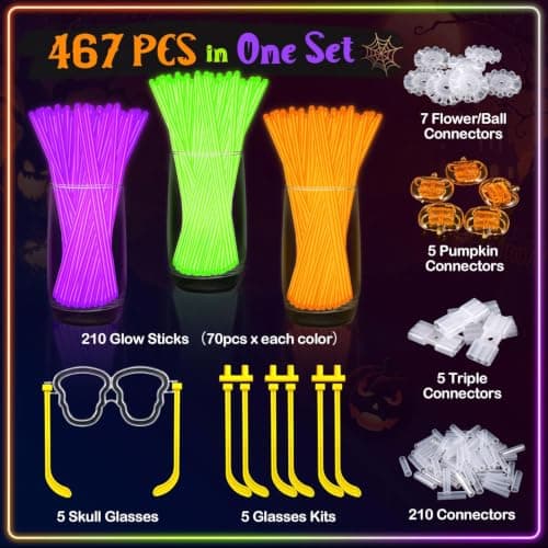 BUDI 467Pcs Glow Sticks Party Favors, Glow in the Dark Party Pack Halloween | 210 Glowsticks 3 Color 8“ & 257 Connectors, Non Candy Halloween Treats Party Supplies Kid Adult, Necklace Bracelets Glasses view 2