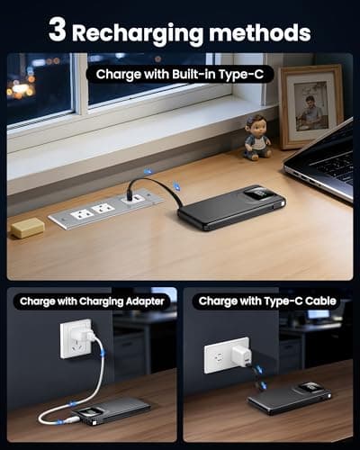 10000mAh 22.5W Portable Charger, Built-in Cables, Matte Black view 4