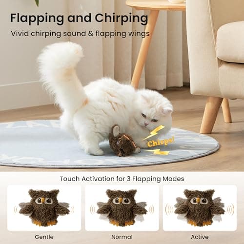 ZOMISIA Flappy Bird Cat Toy, Interactive Flapping Chirping Bird Cat Toy with Catnip Bag for Indoor Bored Alone Kitten, Automatic Rechargeable Touch Activated Owl Kitty Toy (No Flying), Brown view 2