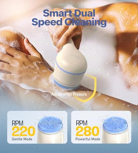 Electric Body Brush Back Scrubber for Shower, Waterproof Long Handle Body Scrubber Bath Brush with 5 Heads, Rechargeable Body Scrub Brush, 2 Speeds for Cleansing, Exfoliating and Massage (White) view 4