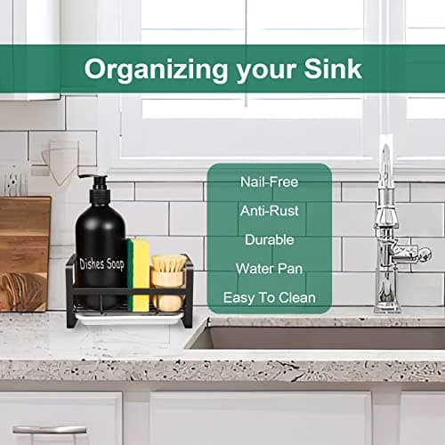 TEZZ Sponge Holder for Kitchen Sink- Stainless Steel Kitchen Sink Caddy for Organizing Sponge, Brush & Soap Dish Dispenser, coutertop Organizer Rack with Adhesive or Counter top, Black view 3