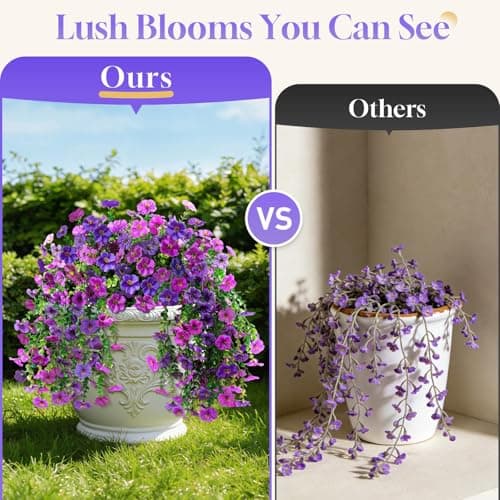 BlessedSeason 2 Pcs Artificial Hanging Flowers, UV Resistant Fake Flowers with Flexible Stems, Full Bundle Faux Flowers for Outdoor Planters, Zero Maintenance for Patio, Garden, Balcony, Double Purple view 3