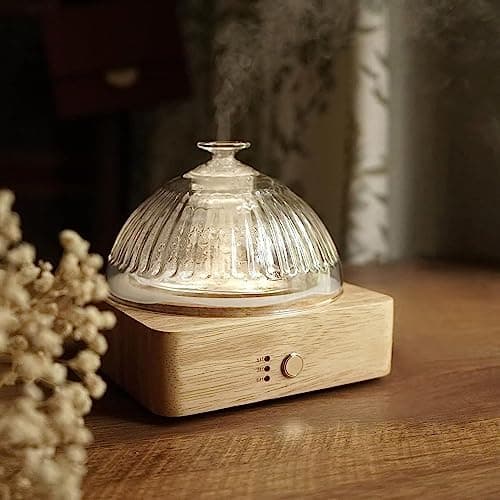 Glass Dome Essential Oil Diffuser with Glass Reservoir & Wood Base-No Plastic, 200ml Ultrasonic Diffuser for Aromatherapy with Timer 7 Color Light Auto-Off for Home Office Yoga Pilates