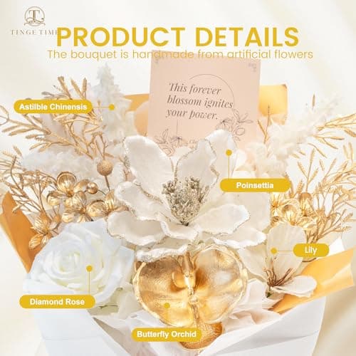 TINGE TIME Preserved Flowers Bouquet, Platinum Faux Rose Bouquets, Eternal Roses Bouquet for Wedding, Table Centerpieces, Mothers Day, Birthday Gifts, Anniversary, Graduation(White & Gold) view 2